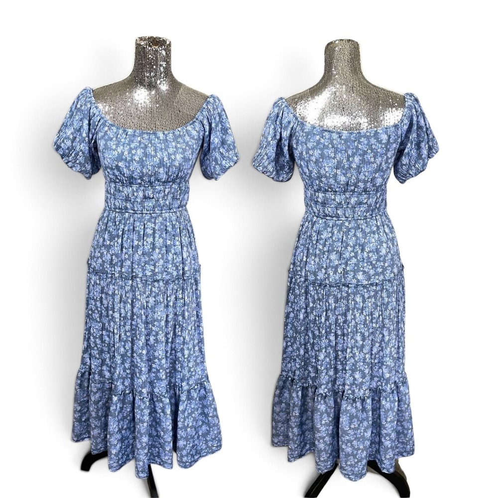 Blue Floral Smocked Puff Sleeve Tiered Maxi Dress Milkmaid Cottagecore Prairie M